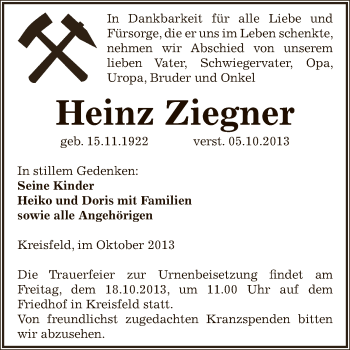 Traueranzeige von Heinz Ziegner von Super Sonntag SGH Mansf. Land