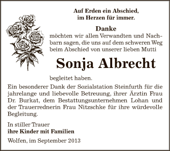 Traueranzeige von Sonja Albrecht von WVG - Wochenspiegel Bitterfeld