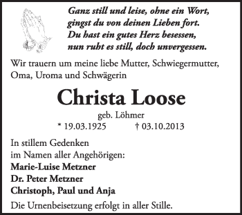 Traueranzeige von Christa Loose von Super Sonntag Dessau / Köthen