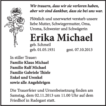 Traueranzeige von Erika Michael von Super Sonntag Dessau / Köthen