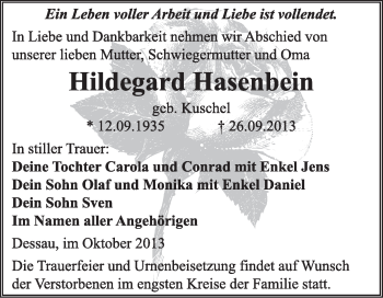 Traueranzeige von Hildegard Hasenbein von Super Sonntag Dessau / Köthen