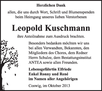 Traueranzeige von Leopold Kuschmsnn von Super Sonntag Dessau / Köthen