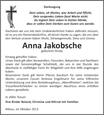 Traueranzeige von Anna Jakobsche von WVG - Wochenspiegel Merseburg