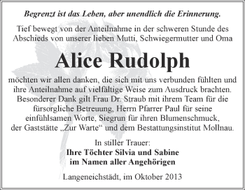Traueranzeige von Alice Rudolph von WVG - Wochenspiegel Merseburg