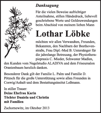Traueranzeige von Lothar Löbke von WVG - Wochenspiegel Wittenberg