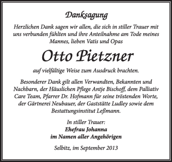 Traueranzeige von Otto Pietzner von Super Sonntag Wittenberg