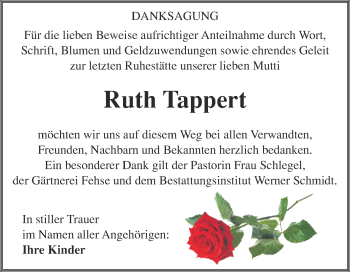 Traueranzeige von Ruth Tappert von WVG - Wochenspiegel Quedlinburg