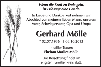 Traueranzeige von Gerhard Mölle von Super Sonntag Dessau / Köthen