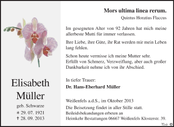 Traueranzeige von Elisabeth Müller von WVG - Wochenspiegel NMB / WSF / ZTZ