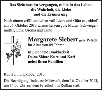 Traueranzeige von Margarete Siebert von Super Sonntag Dessau / Köthen
