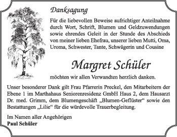 Traueranzeige von Margret Schüler von Super Sonntag Dessau / Köthen