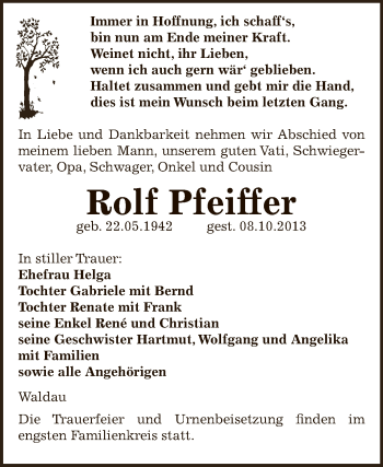 Traueranzeige von Rolf Pfeiffer von Super Sonntag Zeitz