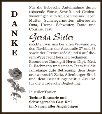 Traueranzeige von Gerda Sieler von Super Sonntag Zeitz