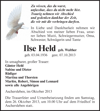 Traueranzeige von Ilse Held von Super Sonntag Aschersleben