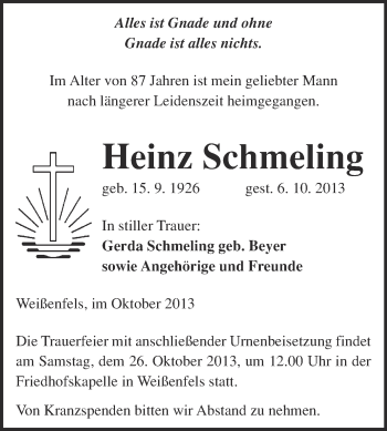 Traueranzeige von Heinz Schmeling von Super Sonntag Merseburg