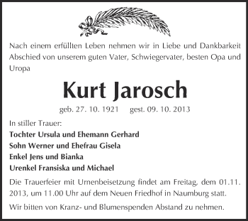 Traueranzeige von Kurt Jarosch von WVG - Wochenspiegel NMB / WSF / ZTZ