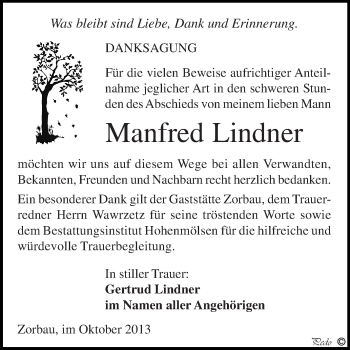Traueranzeige von Manfred Lindner von WVG - Wochenspiegel NMB / WSF / ZTZ