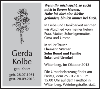Traueranzeige von Gerda Kolbe von WVG - Wochenspiegel Wittenberg