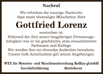 Traueranzeige von Gottfried Lorenz von WVG - Wochenspiegel Dessau / Köthen