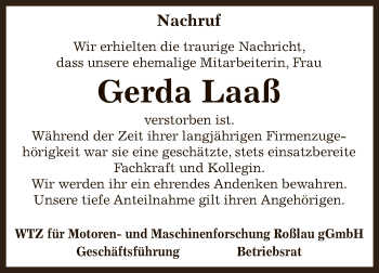 Traueranzeige von Gerda Laaß von WVG - Wochenspiegel Dessau / Köthen