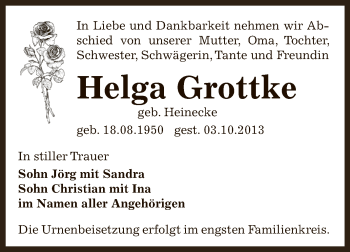 Traueranzeige von Helga Grottke von Super Sonntag Bernburg