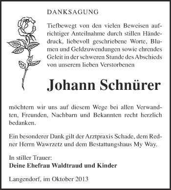 Traueranzeige von Johann Schnürer von Super Sonntag Merseburg