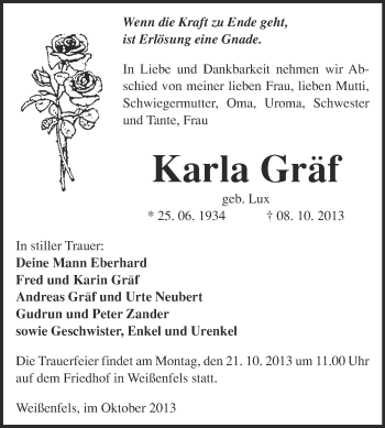 Traueranzeige von Karla Gräf von WVG - Wochenspiegel NMB / WSF / ZTZ