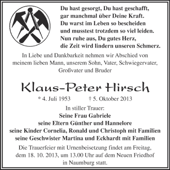 Traueranzeige von Klaus-Peter Hirsch von WVG - Wochenspiegel NMB / WSF / ZTZ