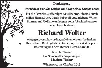 Traueranzeige von Richard Wolter von Super Sonntag Wittenberg