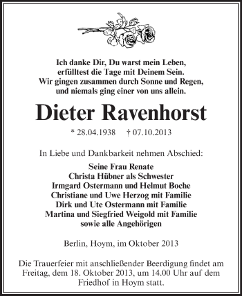 Traueranzeige von Dieter Ravenhorst von Super Sonntag Aschersleben