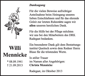 Traueranzeige von Willi Mennicke von Super Sonntag Dessau / Köthen