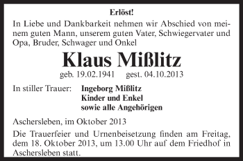 Traueranzeige von Klaus Mißlitz von WVG - Wochenspiegel Aschersleben