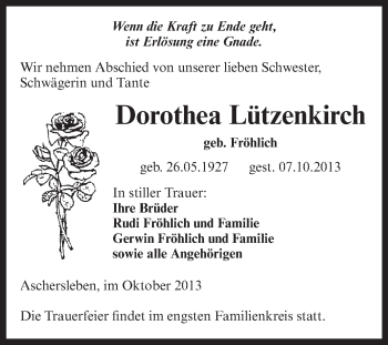 Traueranzeige von Dorothea Lützenkirch von WVG - Wochenspiegel Aschersleben