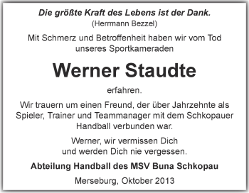 Traueranzeige von Werner Staudte von Super Sonntag Merseburg