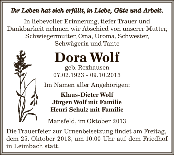 Traueranzeige von Dora Wolf von Wochenspiegel Mansfelder Land