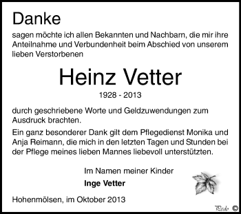 Traueranzeige von Heinz Vetter von WVG - Wochenspiegel NMB / WSF / ZTZ