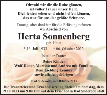 Traueranzeige von Herta Sonnenberg von WVG - Wochenspiegel Quedlinburg