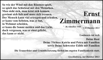 Traueranzeige von Ernst Zimmermann von WVG - Wochenspiegel Quedlinburg