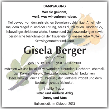 Traueranzeige von Gisela Berger von WVG - Wochenspiegel Quedlinburg