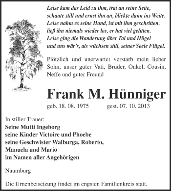Traueranzeige von Frank Hünniger von WVG - Wochenspiegel NMB / WSF / ZTZ