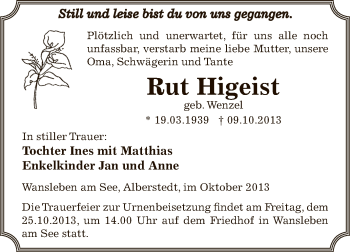 Traueranzeige von Rut Higeist von Wochenspiegel Mansfelder Land