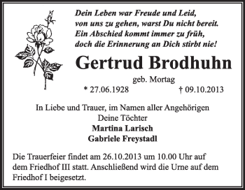 Traueranzeige von Gertrud Brodhuhn von Super Sonntag Dessau / Köthen