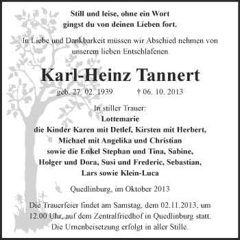 Traueranzeige von Karl-Heinz Tannert von WVG - Wochenspiegel Quedlinburg