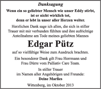 Traueranzeige von Edgar Pütz von WVG - Wochenspiegel Wittenberg