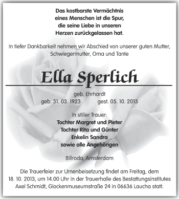 Traueranzeige von Ella Sperlich von WVG - Wochenspiegel NMB / WSF / ZTZ
