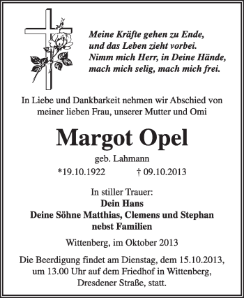 Traueranzeige von Margot Opel von WVG - Wochenspiegel Wittenberg