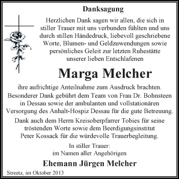 Traueranzeige von Marga Melcher von WVG - Wochenspiegel Dessau / Köthen