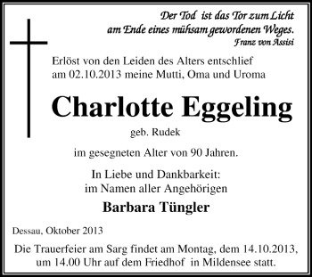 Traueranzeige von Charlotte Eggeling von Super Sonntag Dessau / Köthen