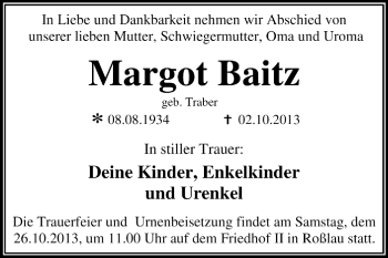 Traueranzeige von Margot Baitz von Super Sonntag Dessau / Köthen