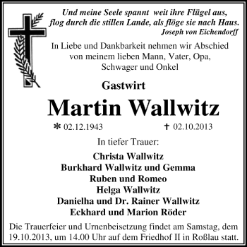 Traueranzeige von Martin Wallwitz von Super Sonntag Dessau / Köthen